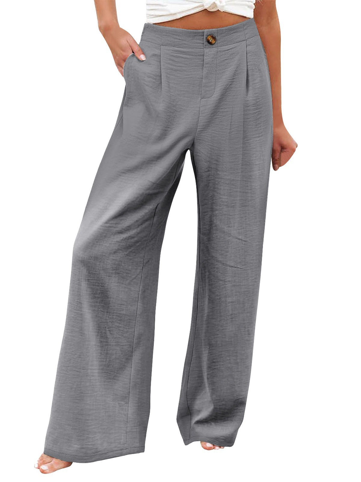 Comfortable high-waisted button elastic waist wide-leg straight pants