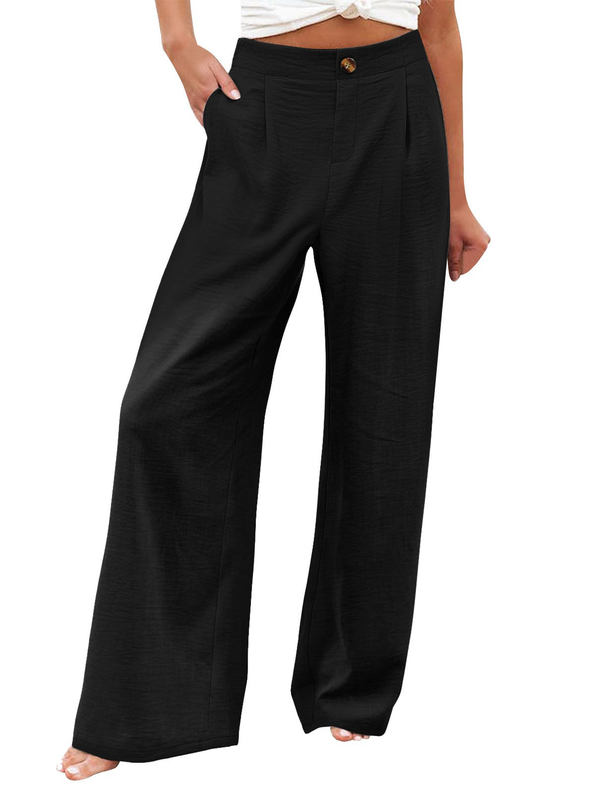 Comfortable high-waisted button elastic waist wide-leg straight pants