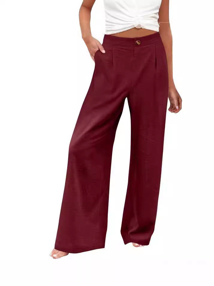 Comfortable high-waisted button elastic waist wide-leg straight pants