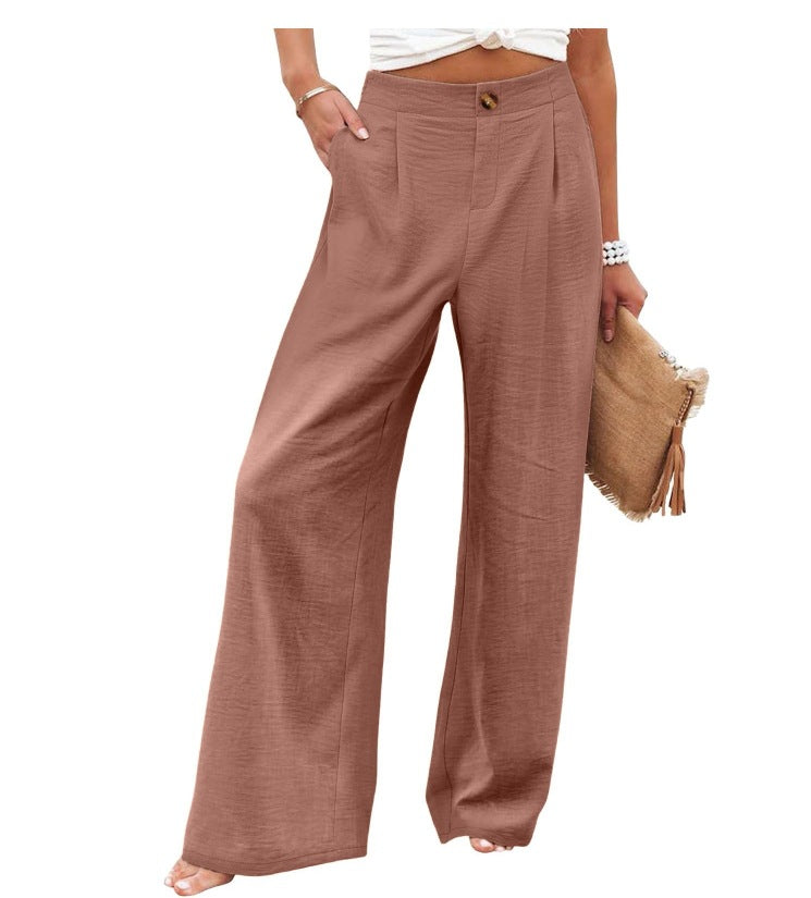 Comfortable high-waisted button elastic waist wide-leg straight pants