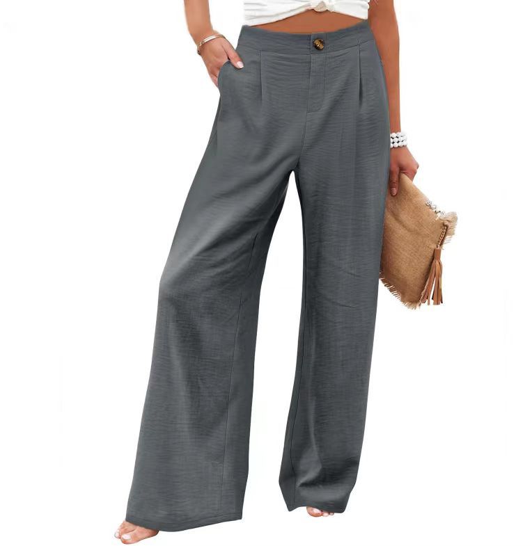 Comfortable high-waisted button elastic waist wide-leg straight pants