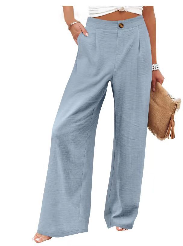 Comfortable high-waisted button elastic waist wide-leg straight pants