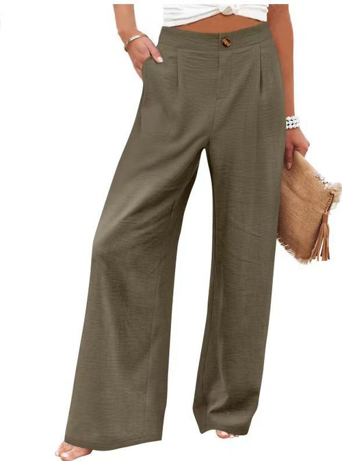 Comfortable high-waisted button elastic waist wide-leg straight pants